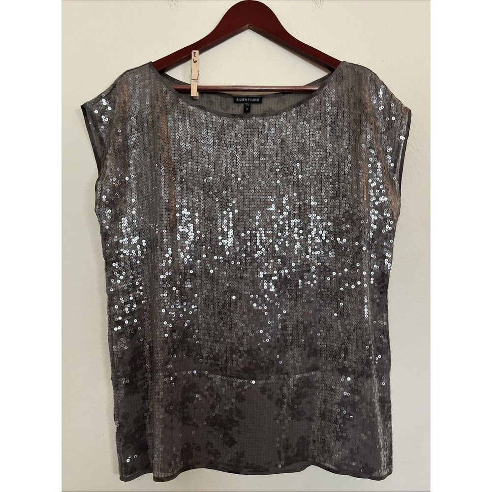 Eileen Fisher Silk Bateau Neck Sequin Boxy Shimmer Cap Sleeve Top SZ M